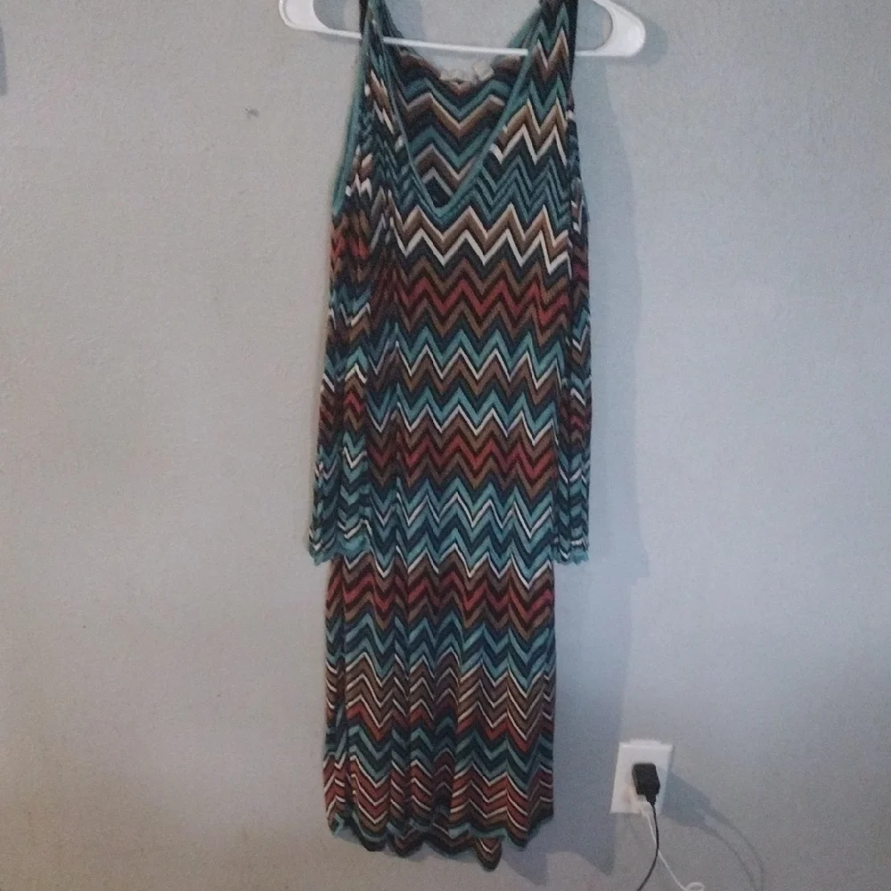 Cato Plus Chevron Midi Dress - Teal Brown Cream Zigzag Cut-Out Shoulder 22W/24W - Picture 2 of 5